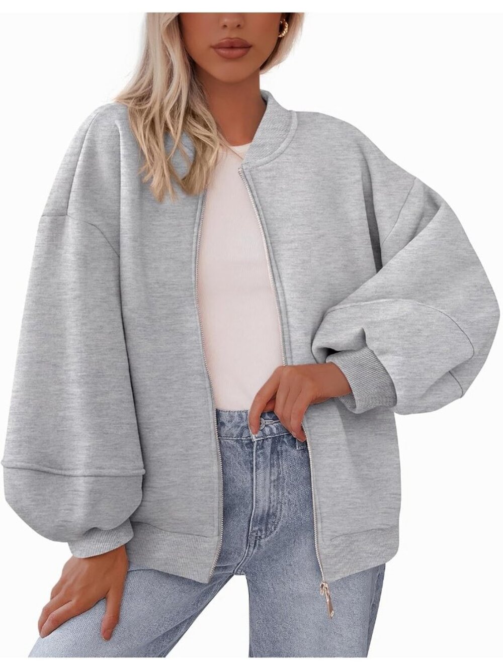 Women’s Grey Oversized Zip Up Sweatshirt With Pockets Casual Bomber Jacket